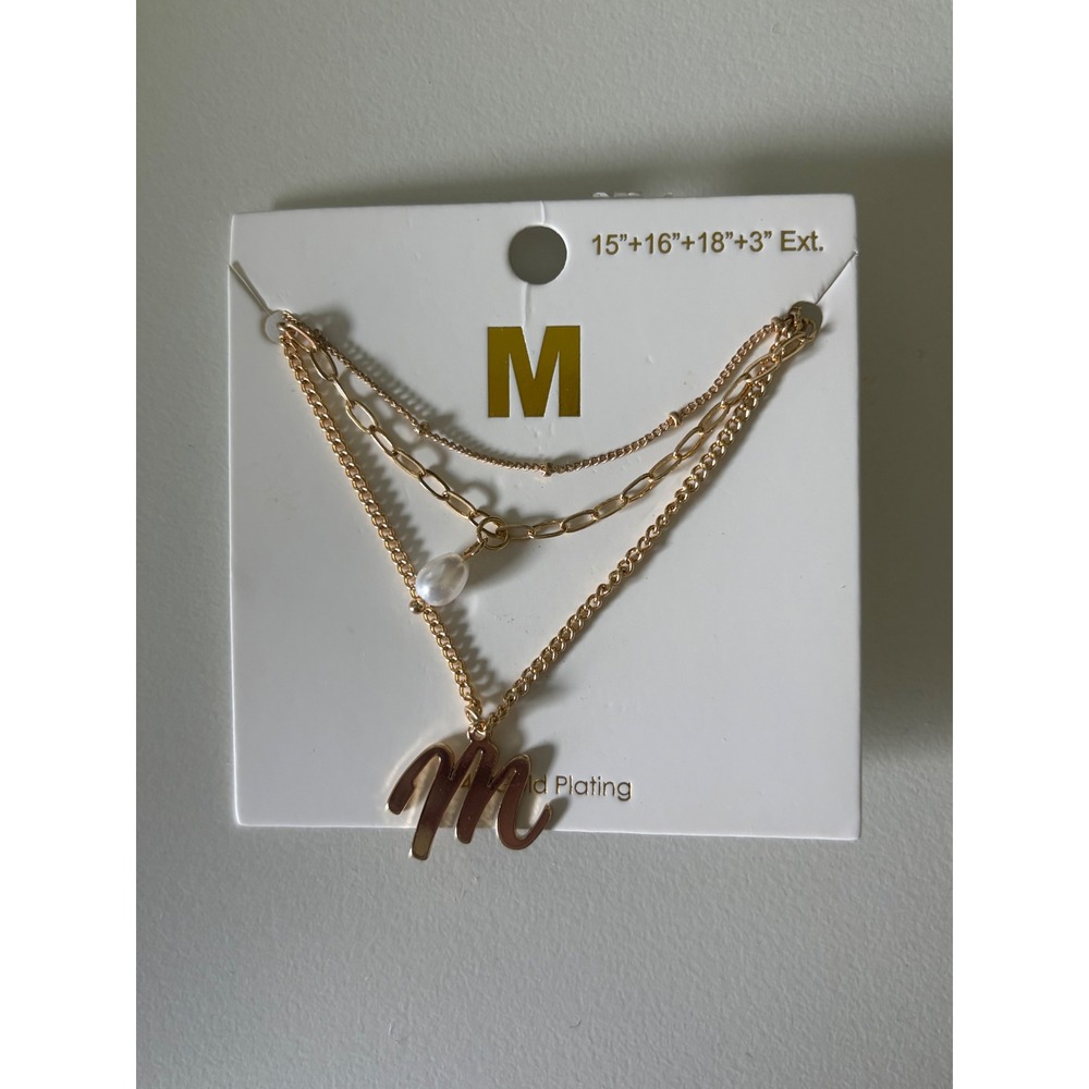 Francescas Gold Plated Layered Initial M Necklace Pearl Paperclip Chain NWT
